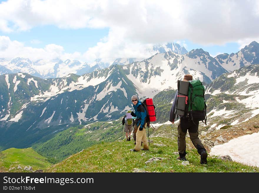 Hiker group in Caucasus mountains