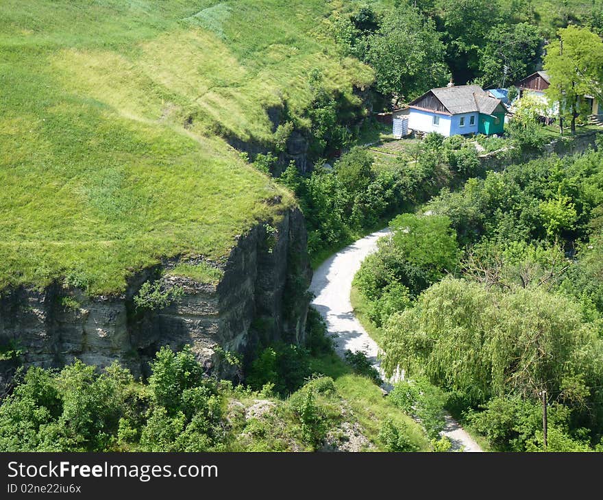 House in the green near the low cliffs.