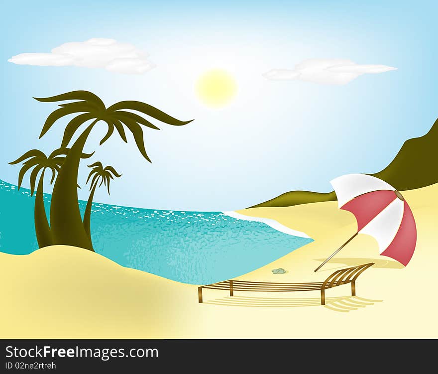 Illustration sea, beach, palm trees and sun loungers with umbrella