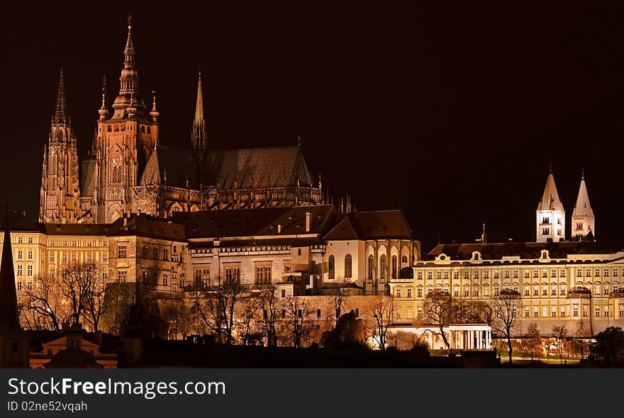 The night view of Prague castle Hradcany with detail to Saint Vitus' Cathedral