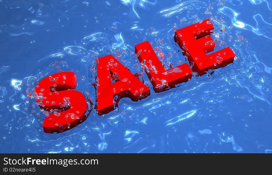 3d sale word dropping into the water and making big splashes. 3d sale word dropping into the water and making big splashes