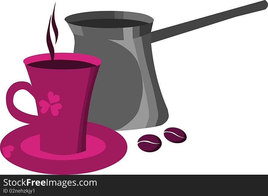 Pink cup of coffee with coffee bean on white,  illustration. Pink cup of coffee with coffee bean on white,  illustration