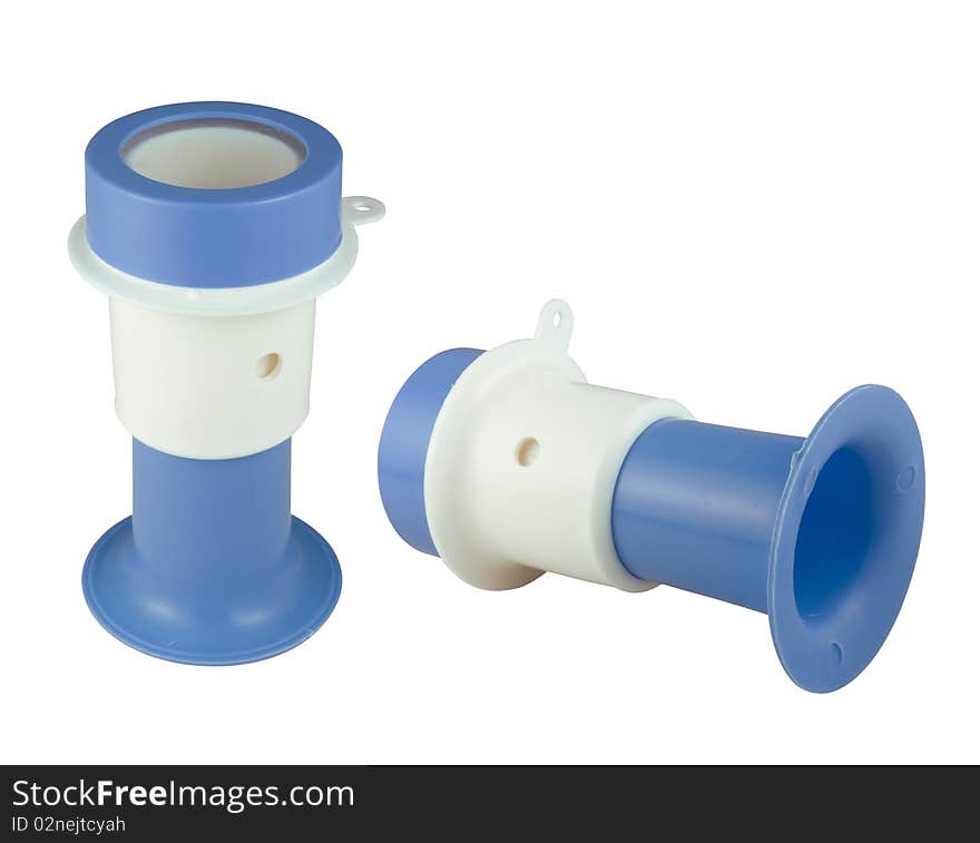 Side and tilt view of a plastic air horn commonly used by sports supporters to cheer on their team. It makes an annoying noise that sounds like a vuvuzela. Two clipping paths are included.