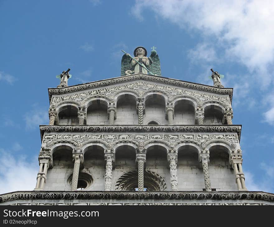 Detail of the beautiful facade of the Saint Michael (San Michele) church in Lucca, Tuscany, Italy. Detail of the beautiful facade of the Saint Michael (San Michele) church in Lucca, Tuscany, Italy