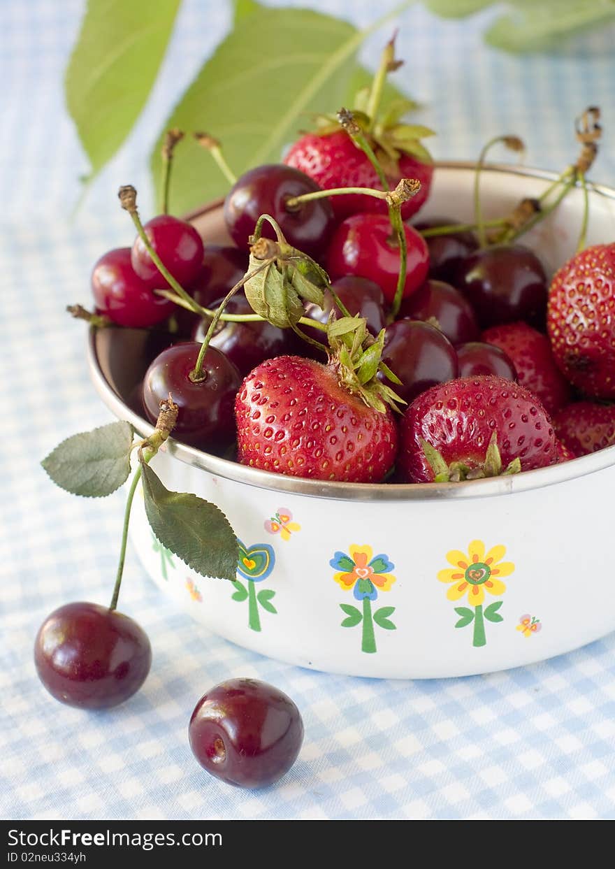 Fresh cherry and strawberry in bowl. Fresh cherry and strawberry in bowl