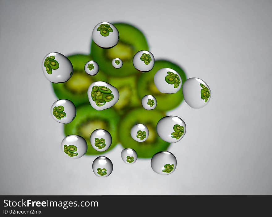 There is picture of blur Kiwi and many reflection of it in water.