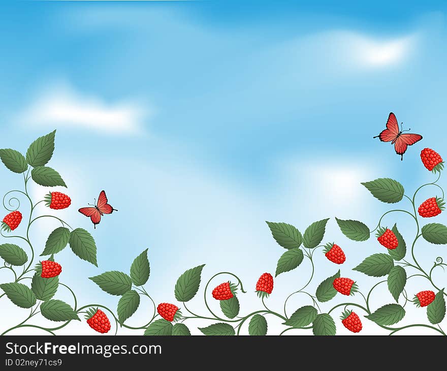 Floral background with a raspberry. Vector illustration.