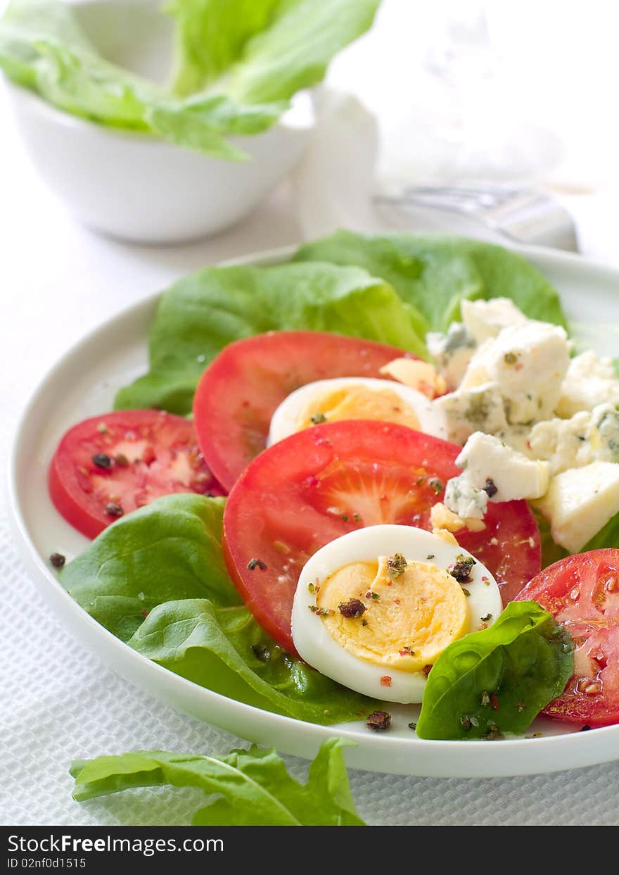 Salad from fresh tomatoes, lettuce, eggs and cheese on white plate. Salad from fresh tomatoes, lettuce, eggs and cheese on white plate