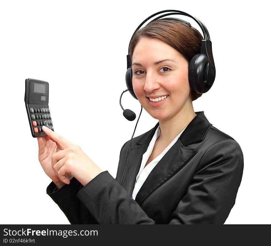 Friendly telephone operator with calculator . Ready to count down you finances