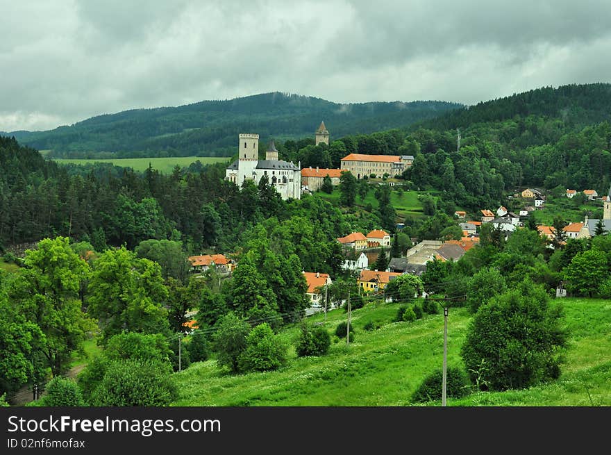 Romantic catle in green valley. Romantic catle in green valley