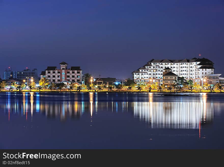 Hotel Skyline refection Twilight on lake.