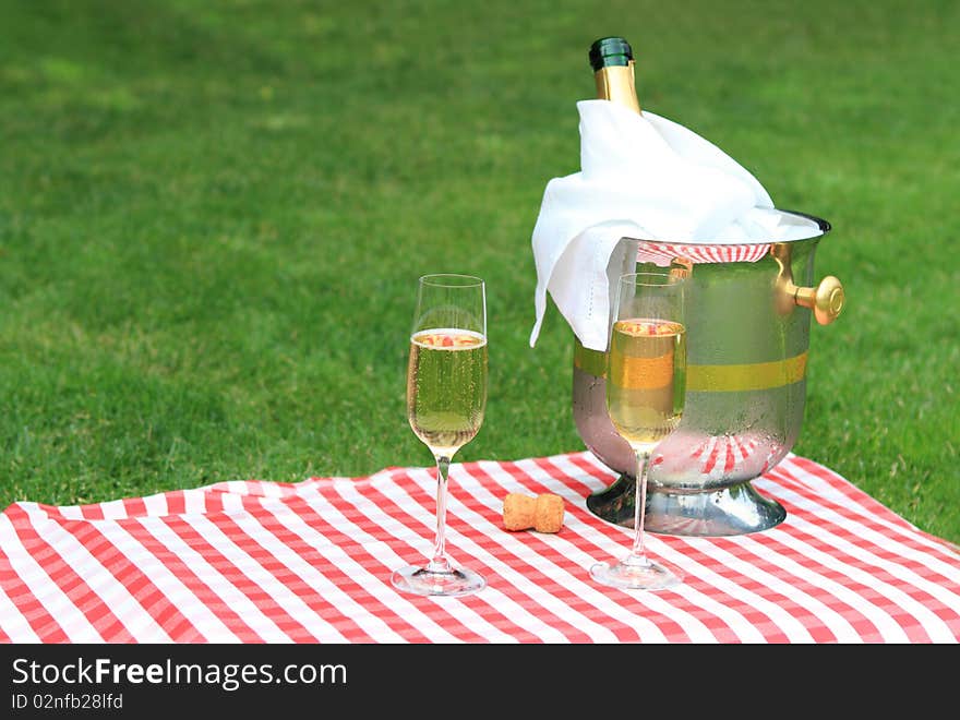 Champagne being poured at a summer picnic. Champagne being poured at a summer picnic