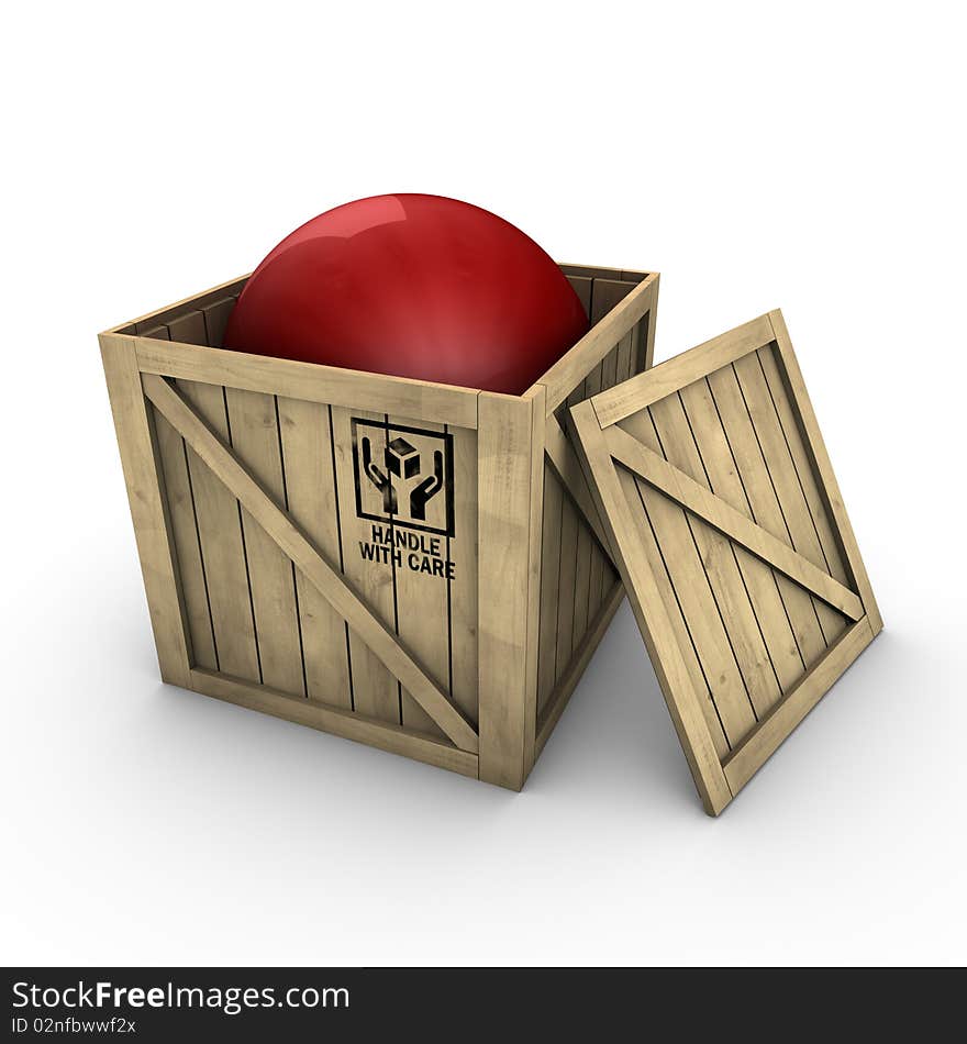 Wooden box with ball. 3d Rendering.