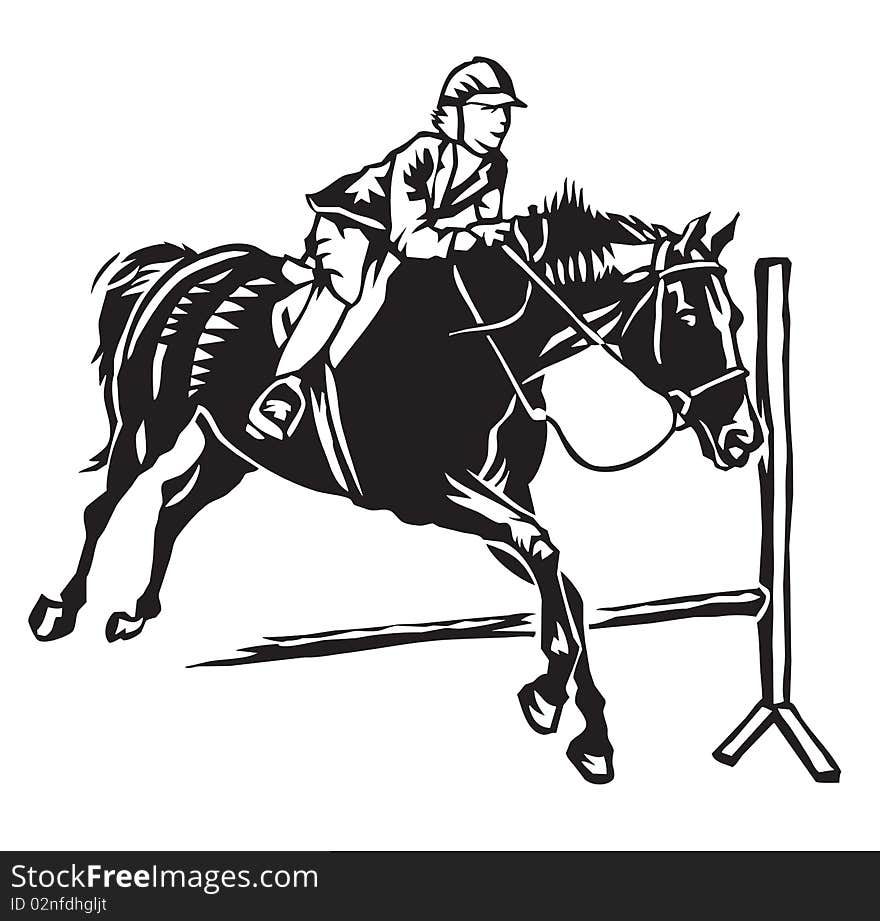 Vector illustration of woman in formal riding gear jumping a horse over a fence. Vector illustration of woman in formal riding gear jumping a horse over a fence