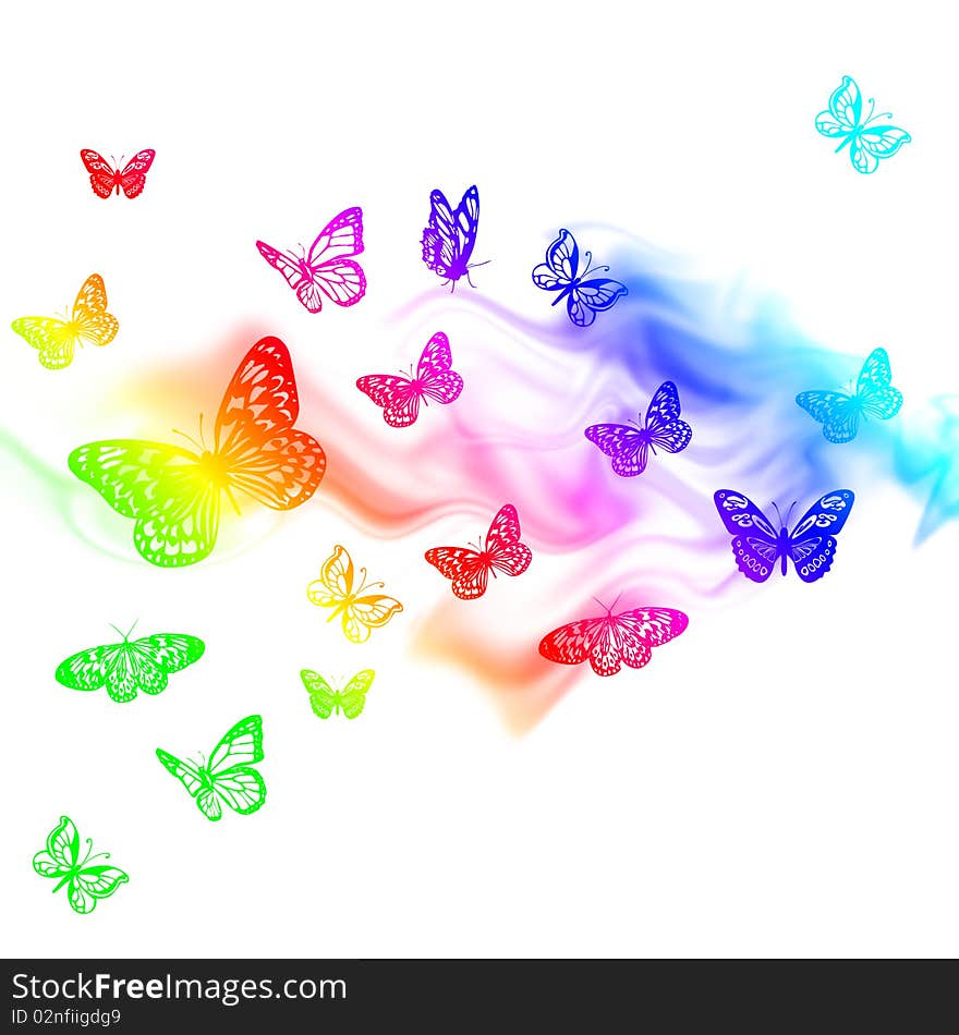 Colored  background with  abstract smoke and butterflies