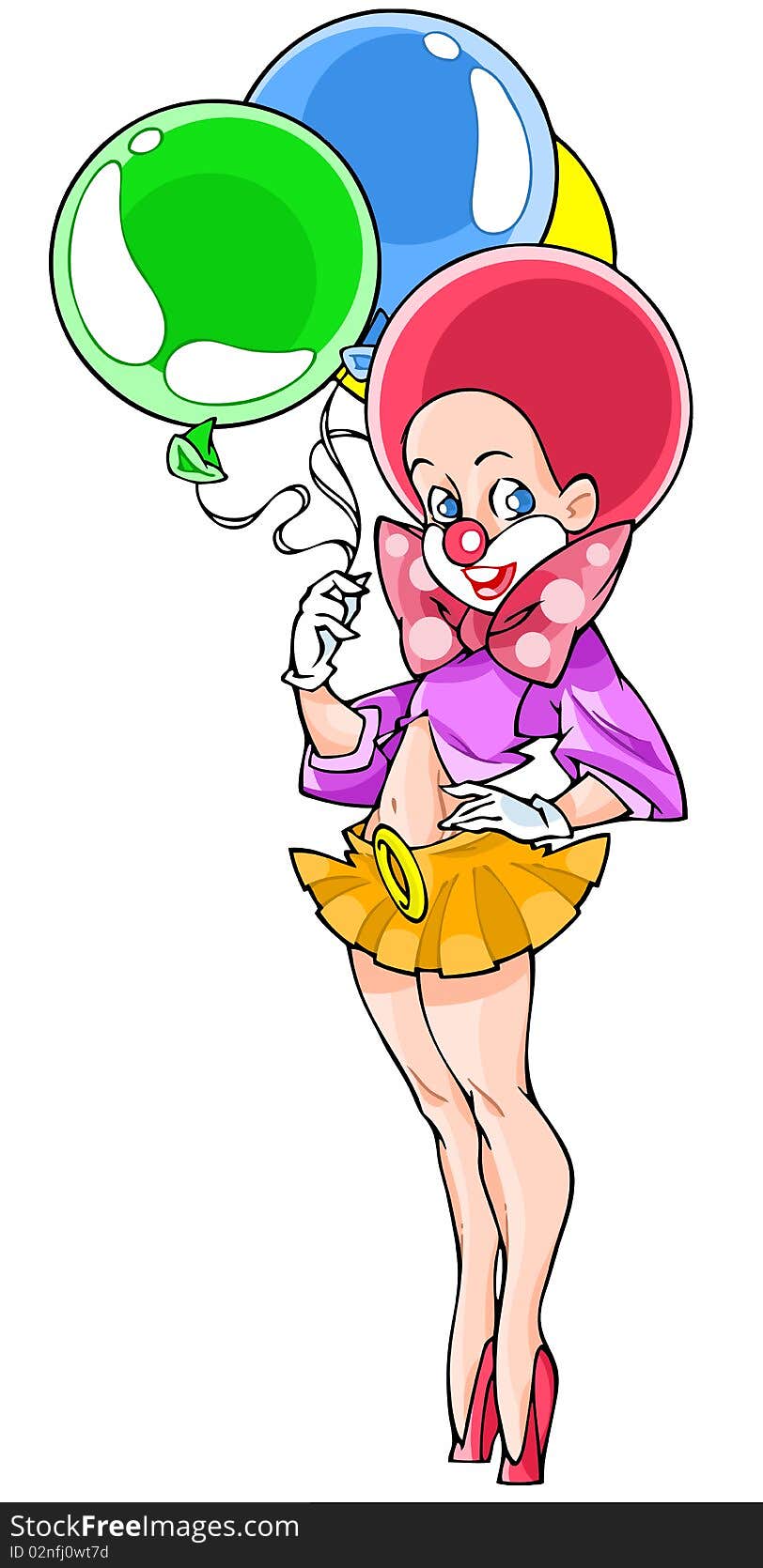 The girl-clown with red hair holding a colored balls. The girl-clown with red hair holding a colored balls