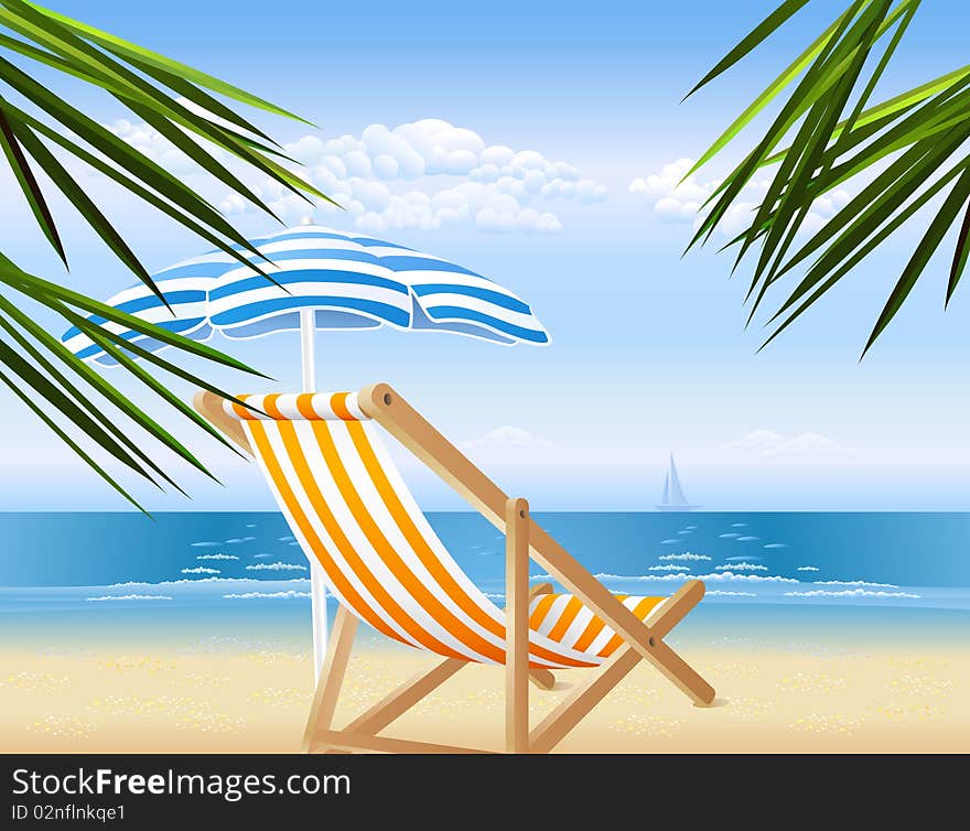 Peacheful beach scenery with a deck chair. Peacheful beach scenery with a deck chair.