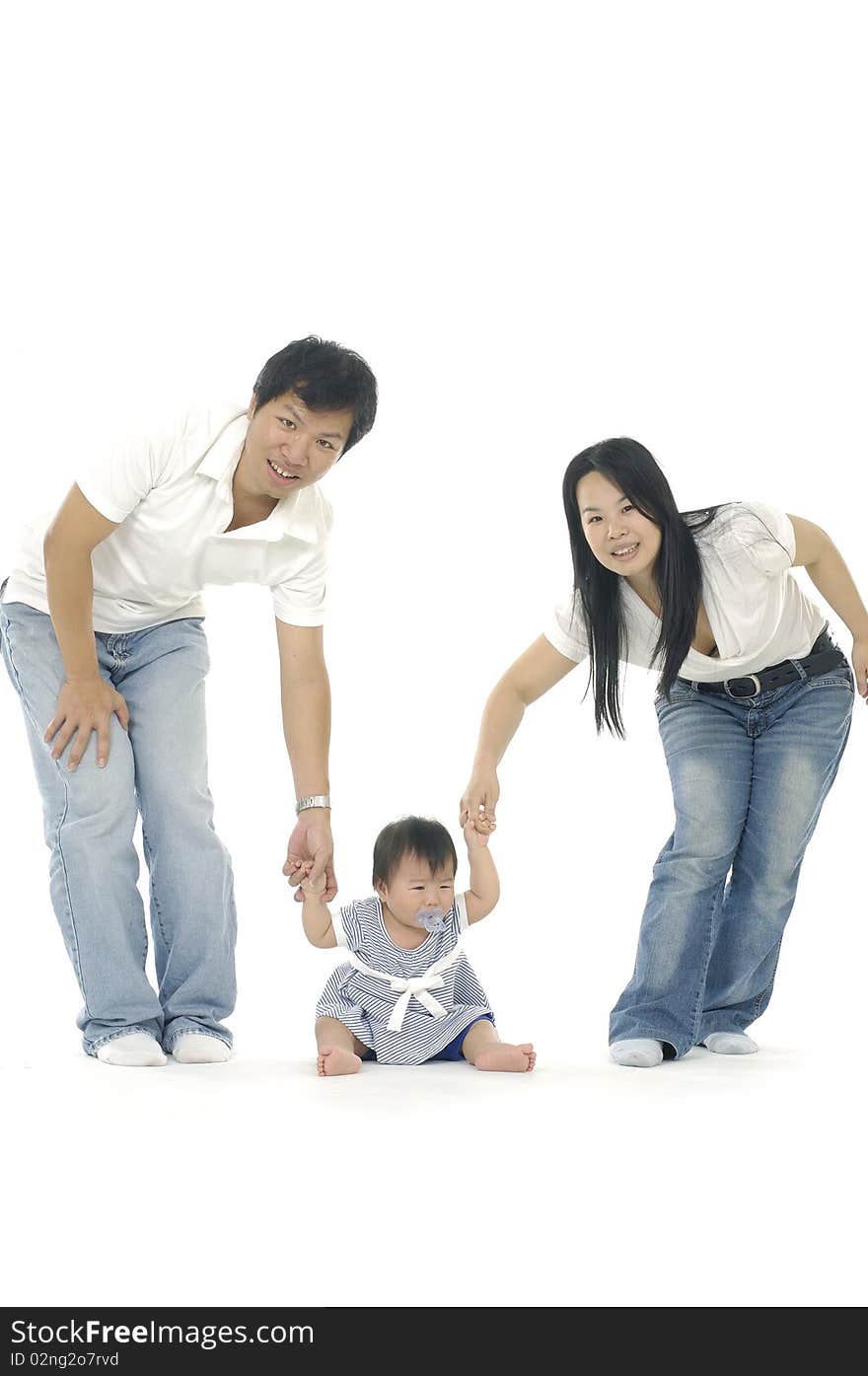 Asian family portrait against white background