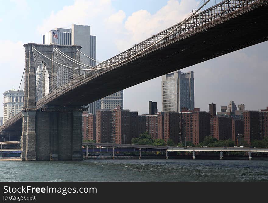 Brooklyn bridge looking west to Manhattan down under