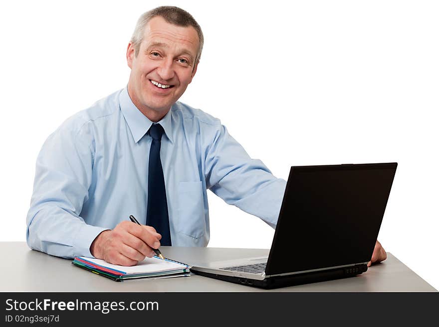 Portrait of senior businessman with notebook isolated on white background