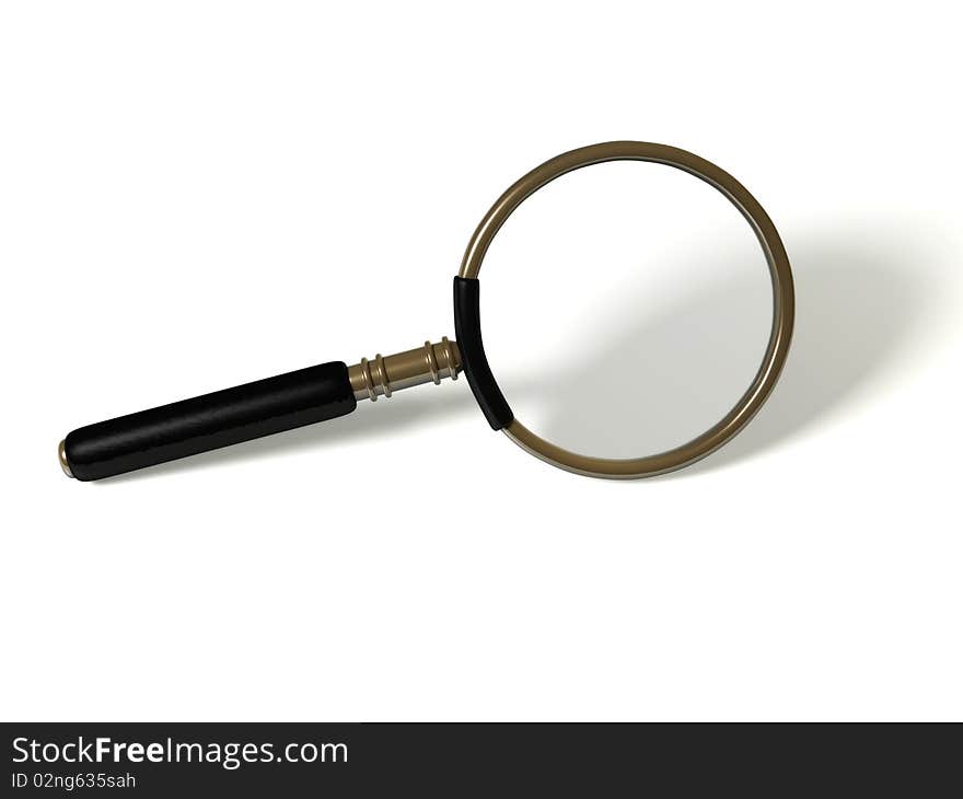 A brass magnifying glass with a black handle on a white background. 3d Image.