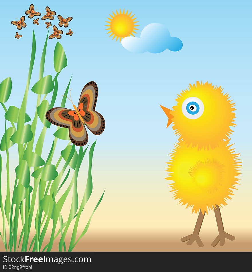 The chicken looks at the butterfly. Vector illustration. The chicken looks at the butterfly. Vector illustration.