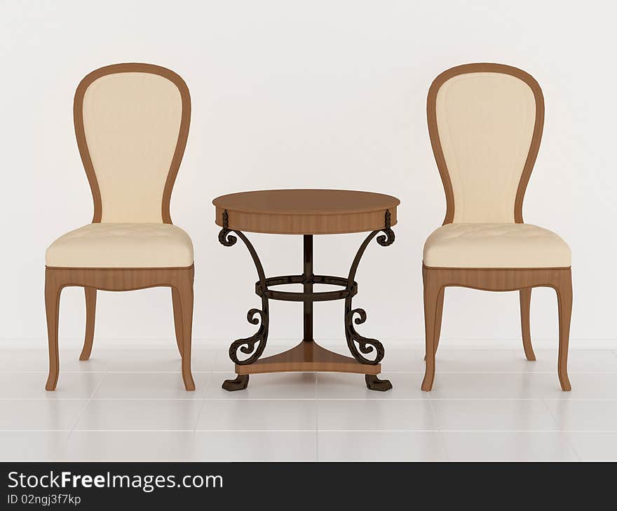 Two classic brown armchairs with little coffee table. Living room, 3D render/illustration. Two classic brown armchairs with little coffee table. Living room, 3D render/illustration