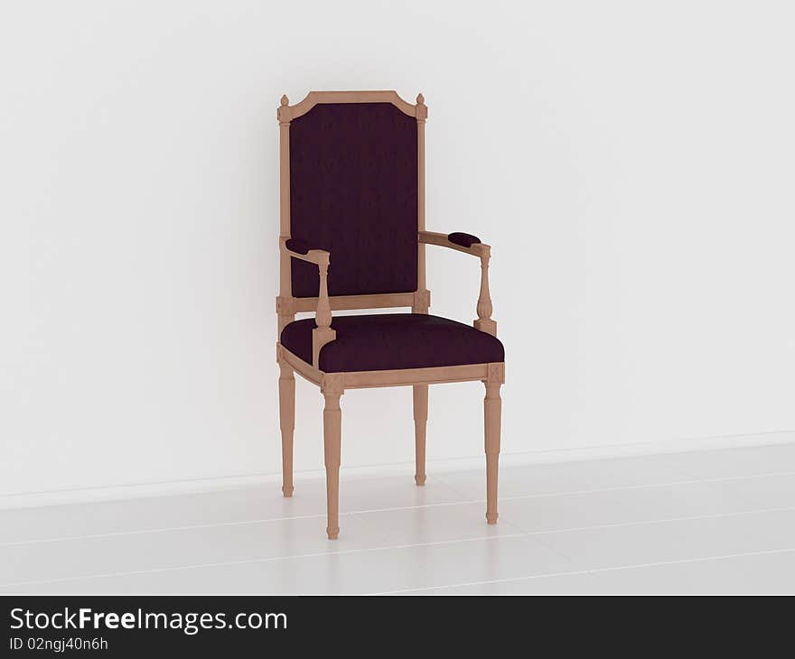 Classic brown armchair in the midle of the room, 3d render/illustration