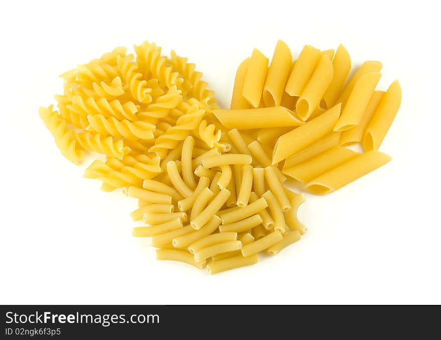 Three types of italian pasta isolated on a white background