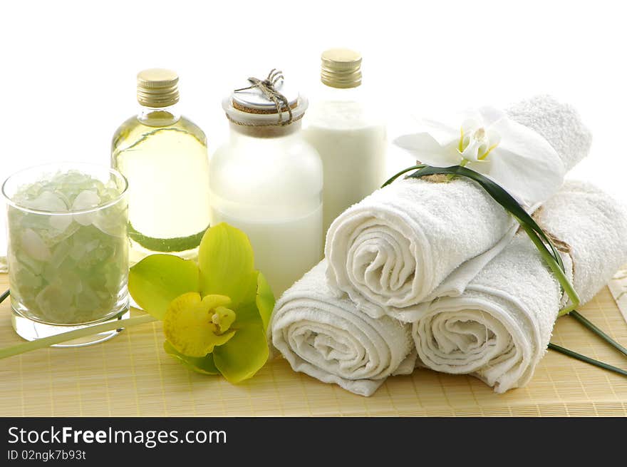 Body care items on bamboo mat. Body care items on bamboo mat