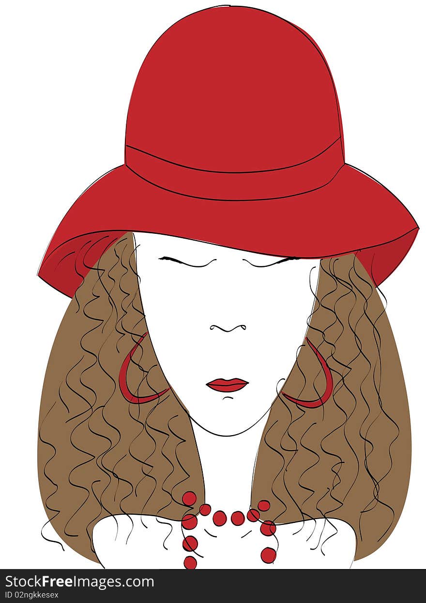 Woman in red hat with red pearl necklace, no flattened transparencies, no gradient.