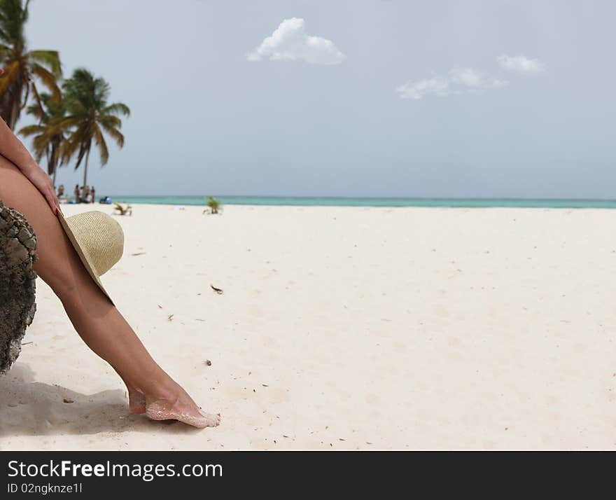 Girl sitting on the beach tree and holding a hat