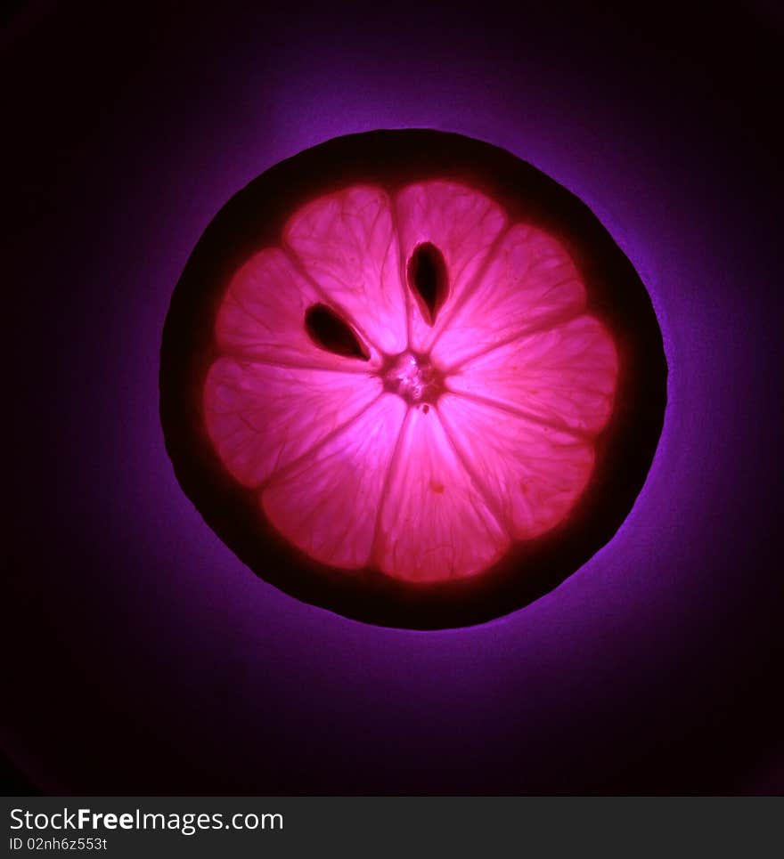 Close up of a slice of lemon with over pink light