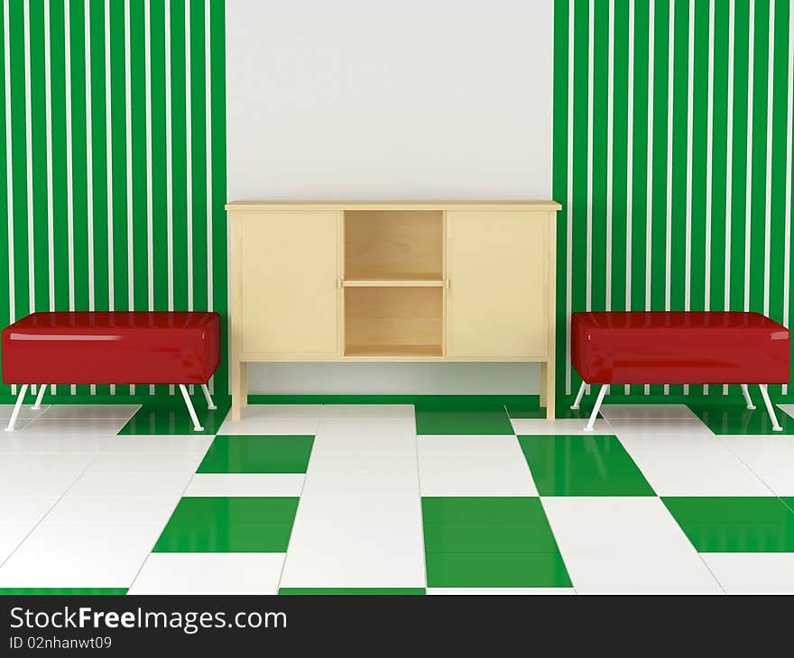 Two modern red armchairs with wooden bookcase in the white and green living room, minimalism, 3d illustration/render. Two modern red armchairs with wooden bookcase in the white and green living room, minimalism, 3d illustration/render