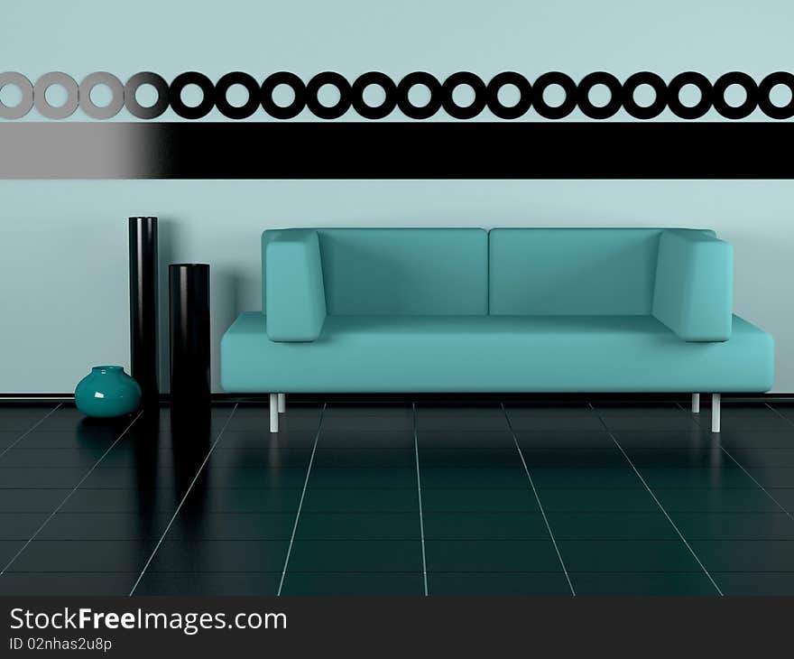 Green sofa, three vases in the room, black floor, green wall with black ornament, 3d illustrations