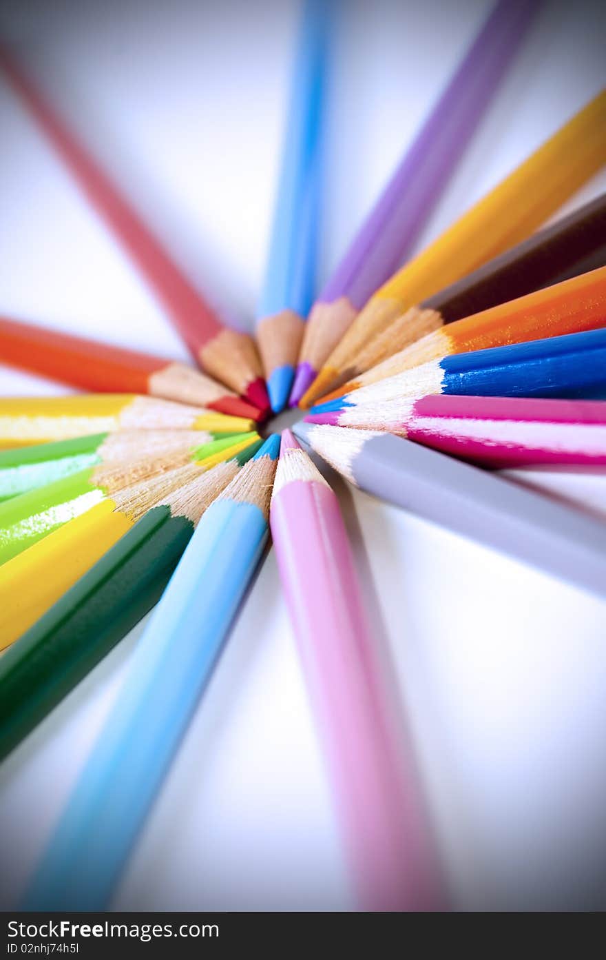 Close up of many colored pencils isolated