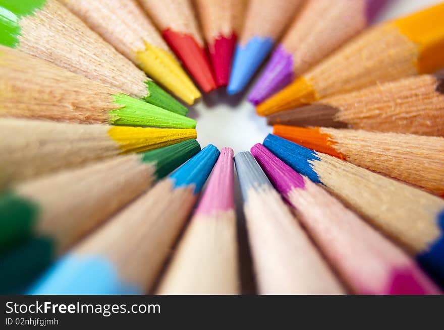 Close up of many colored pencils isolated