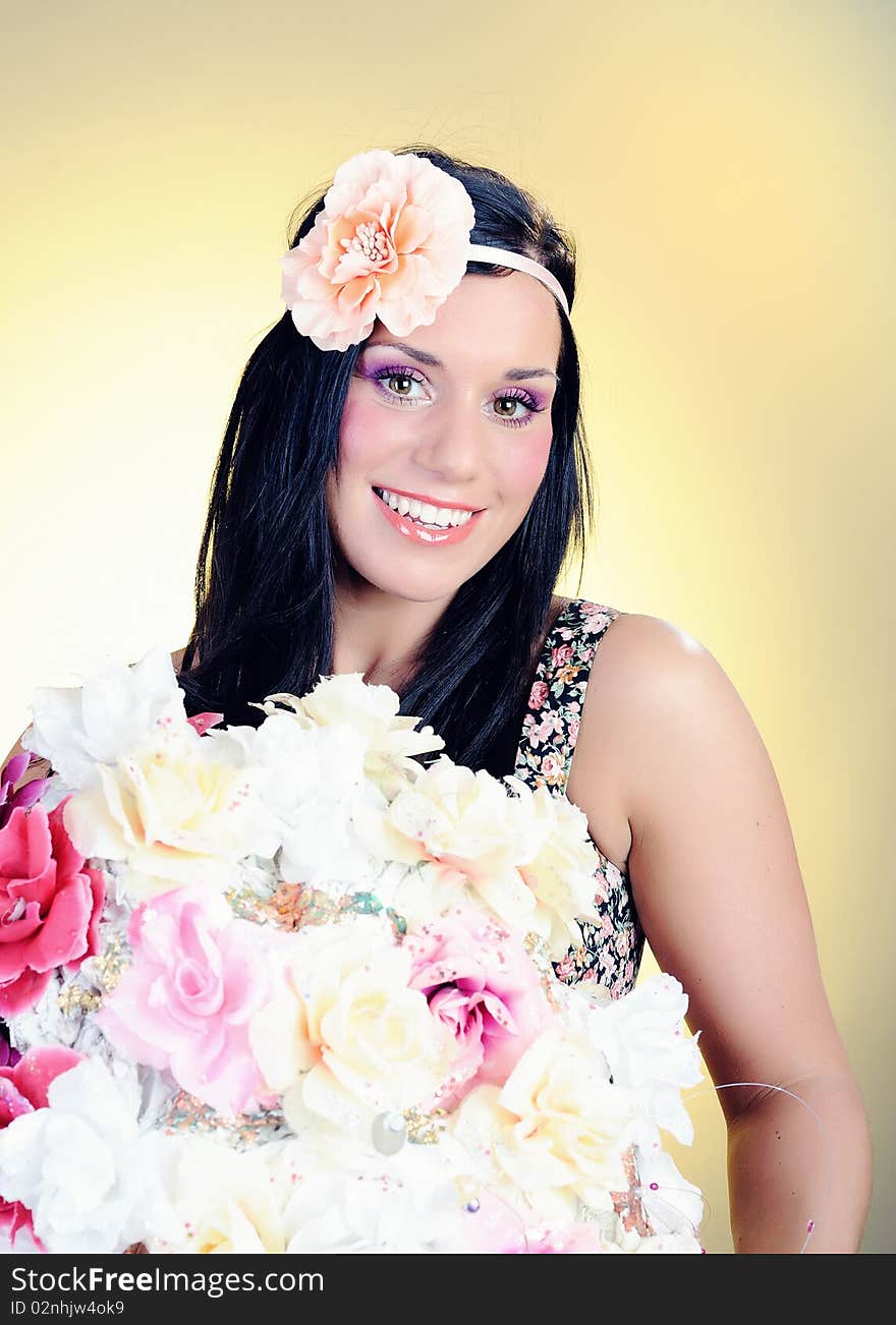 Retro Portrait Of Pretty Woman With Roses