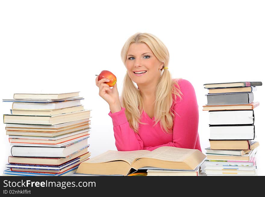 Young pretty smart woman with lots of books reading and study. isolated on white background. Young pretty smart woman with lots of books reading and study. isolated on white background