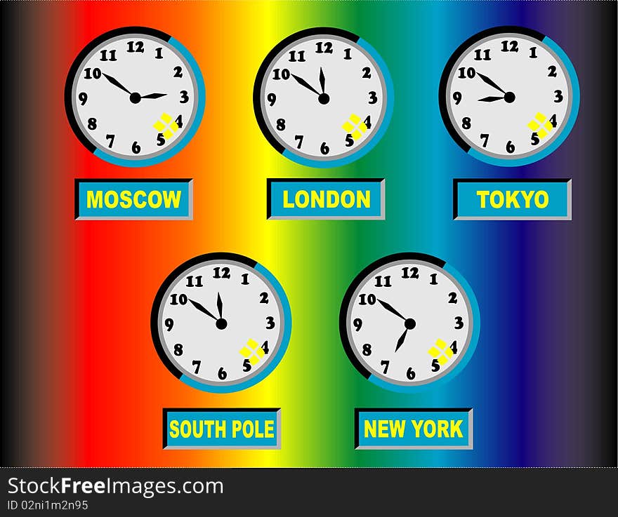 Time clocks from time zones around the world