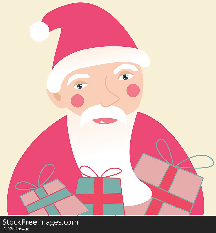 Santa Claus with Christmas gifts. vector card