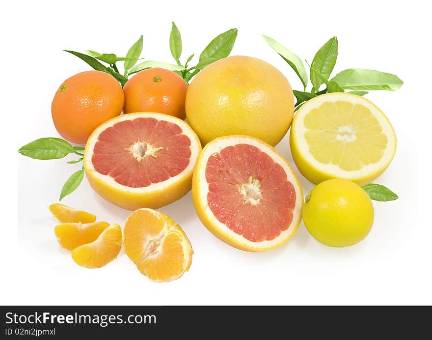 Group of different fresh citrus fruits with green leaves isolated on white with clipping path