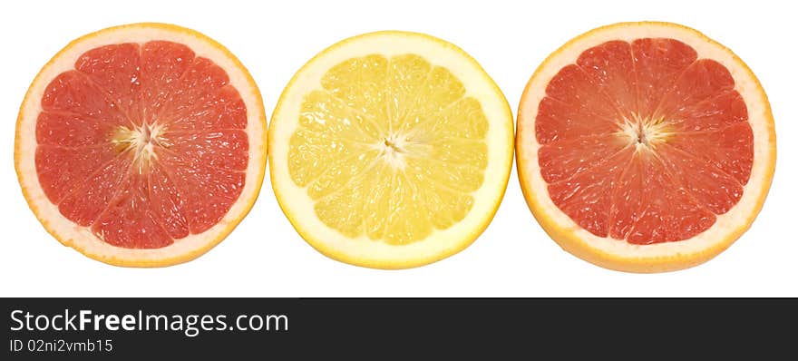 Group of three fresh red and yellow grapefruits isoltaed on white with clipping path. Group of three fresh red and yellow grapefruits isoltaed on white with clipping path