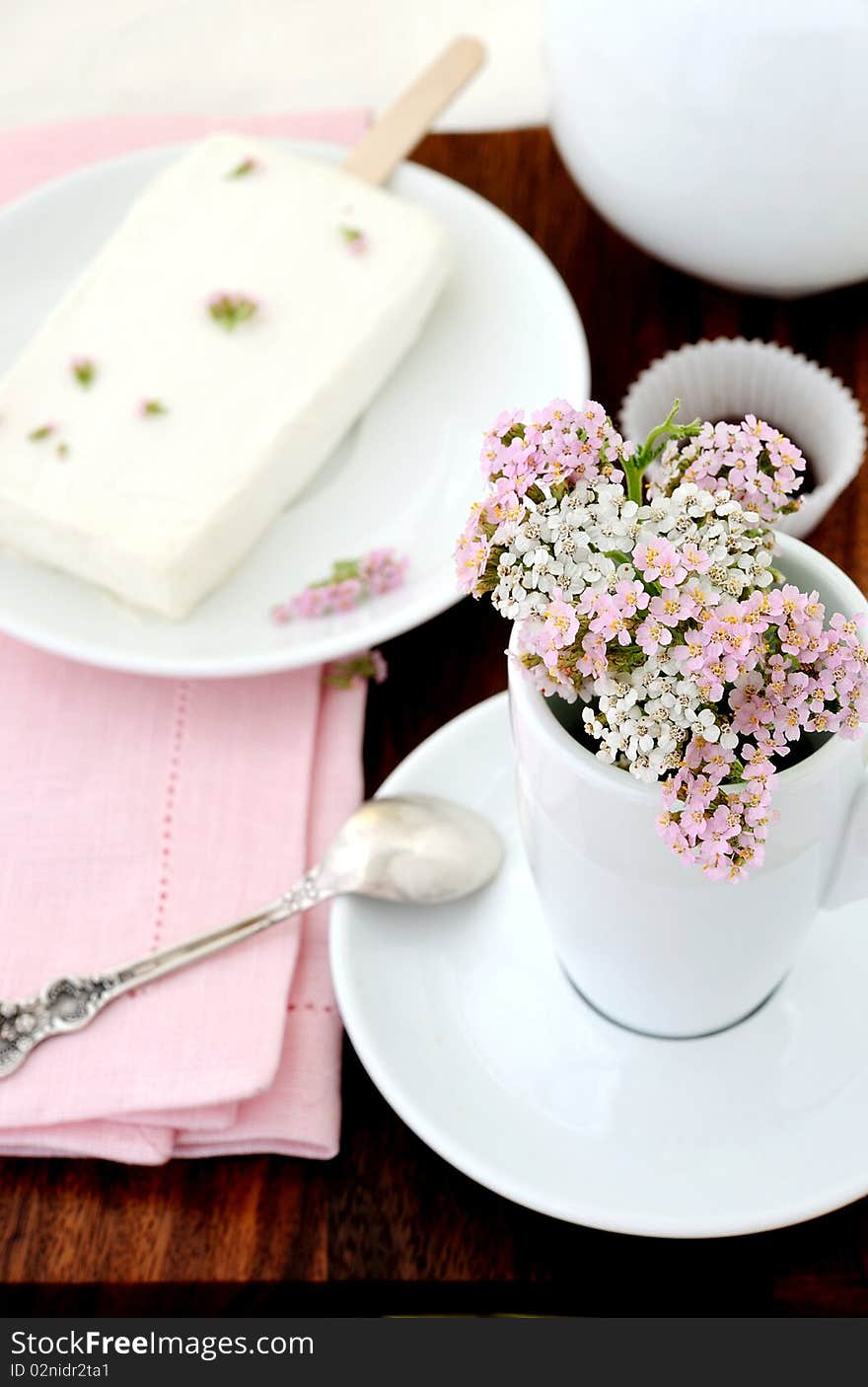 Summer bouquet and ice cream in white-pink colours.