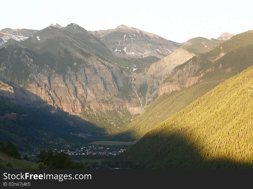 View of the Box Canyon, Ajax and Telluride Peaks, Telluride, Colorado.