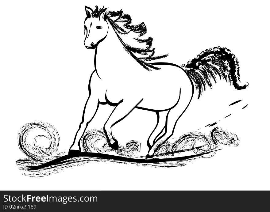 Horse galloping with flying mane with swirling dust