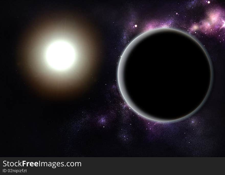 Digital created starfield with cosmic Nebula and big planet. Digital created starfield with cosmic Nebula and big planet