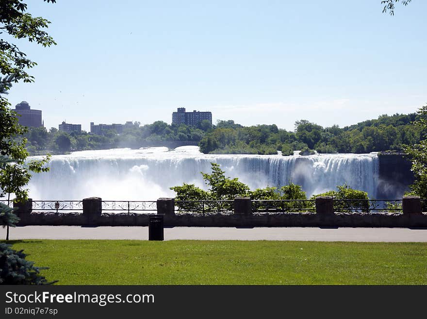 View of the Niagara falls and the park nearby