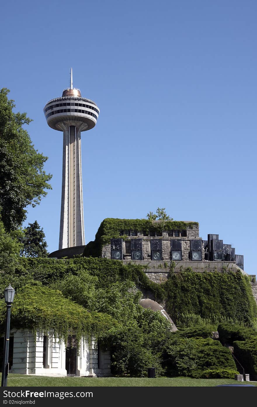 Tower with trees and projector stands  , image ws taken in Canada