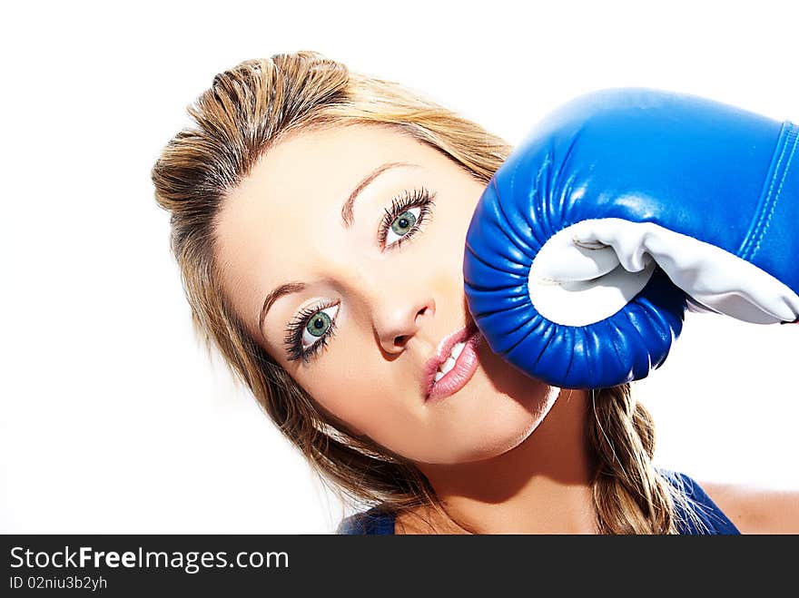 Girl hit in the face by a boxing glove. Girl hit in the face by a boxing glove